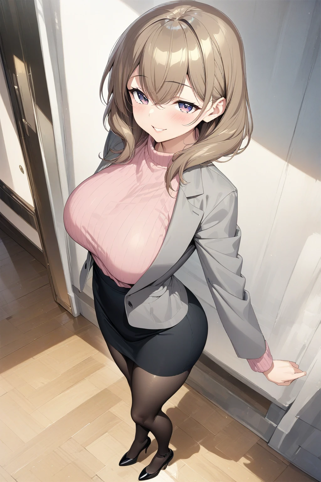 senpai, brown hair, purple eyes, large breasts, seductive smile, pink sweater, gray jacket, black skirt, black pantyhose, black heels, full body, standing, <lora:XL-Senpai(UchinoKaisha):1>, (masterpiece),(best quality),(ultra-detailed),(best illustration),(best shadow),(absurdres),(detailed background),(very aesthetic),