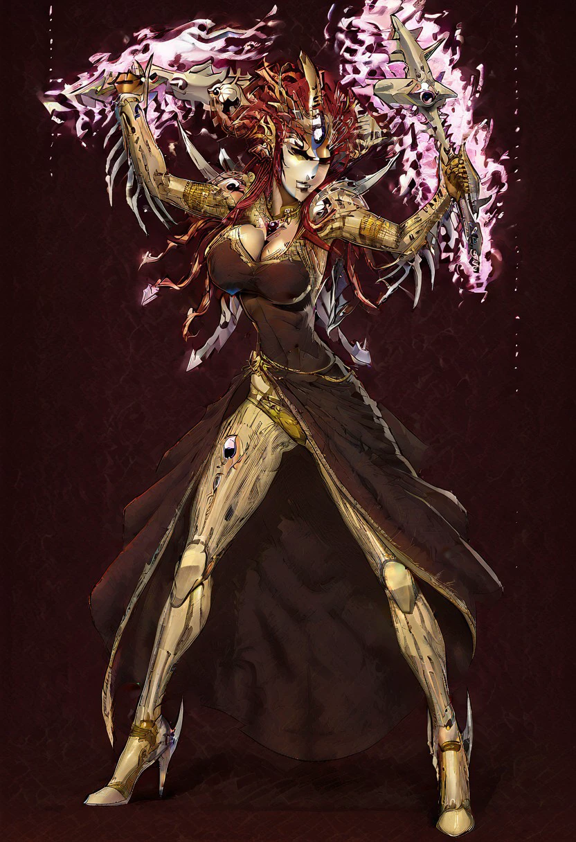 ShaakartiCr, 1girl,solo,alien,alien woman,cyborg,large breast,dress,cleavage,neckline dress,armor,cybernetic armor,high heel,red hair,cybernetic hair,bracers,claret dress, panty, detailed background, desert, desert setting,