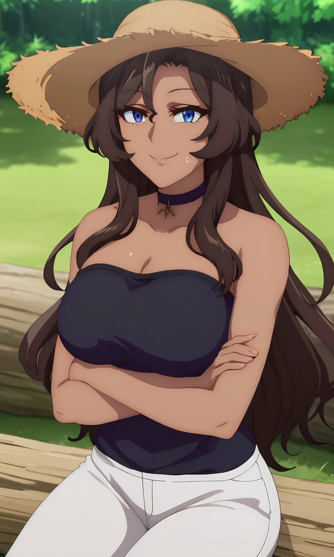 score_9, score_7_up, source_anime,  <lora:whitcher_viola:1> violawz,  dark skin, choker, long hair, blue eyes, brown hair, large breasts cleavage, black strapless shirt, bare shoulders, white pants, straw hat, crossed arms, smile, looking at viewer, sweat, shiny skin, outdoors, tree, log, sitting  <lora:Fine_Anime_Screencap-ponyV1:1> fine anime screencap_xl, anime_screencap