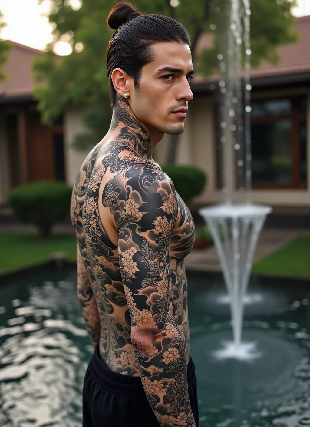 Featuring a beautiful muscled man with a traditional Japanese style full-sleeve tattoo that tells a story through elegant imagery. A medium shot highlights both his expression and muscular form, as he stands in front of a serene water feature. Soft reflections in the water enhance the peaceful ambiance, complemented by gentle, diffused sunlight. <lora:Japanese_style_full_sleeve_tattoo-000001:1>