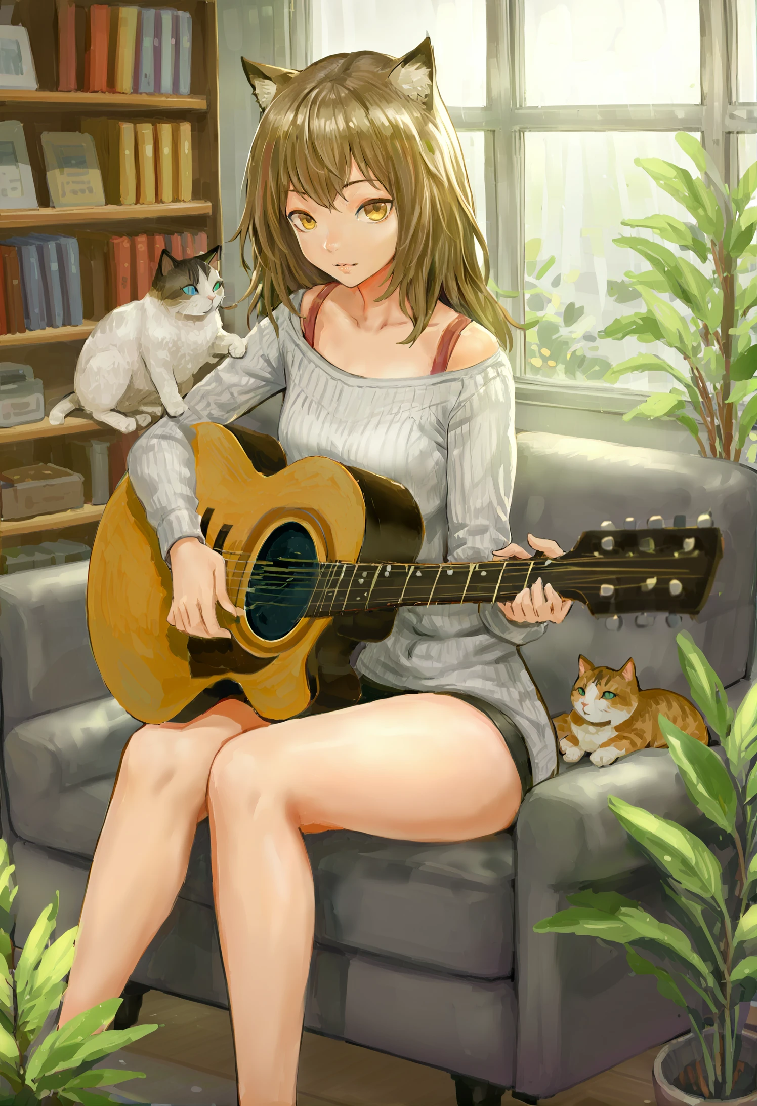 masterpiece, best quality,1girl, solo, indoors, cat, window, sitting, guitar, plant, instrument, food, holding 
 <lora:cankingXLlokr4f-000184:0.95>