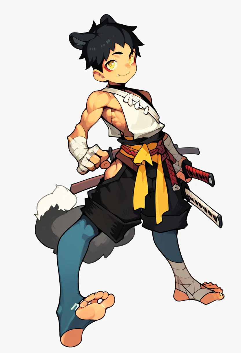 8k, score_9, score_8_up, score_7_up, portrait, masterpiece,  blurry background, thick outline, black outline, 1boy, male, male focus, big feet, weapon, animal ears, white background, tail, sword, simple background, black hair, sheath, yellow eyes, smile, bird, gloves, sheathed, jewelry, barefeet, soles, cute face, fantady clothes, bandages, oversized black shorts, blue tights, muscular, defined body standing up, Dynamic pose, looking at viewer, intense look, accessories, smile, black outline, thick outline, Draugnut, draugnut style, style, , SOLO, partially naked, convenient censorship, spread legs, perfect round ass, smooth ass, dick slip