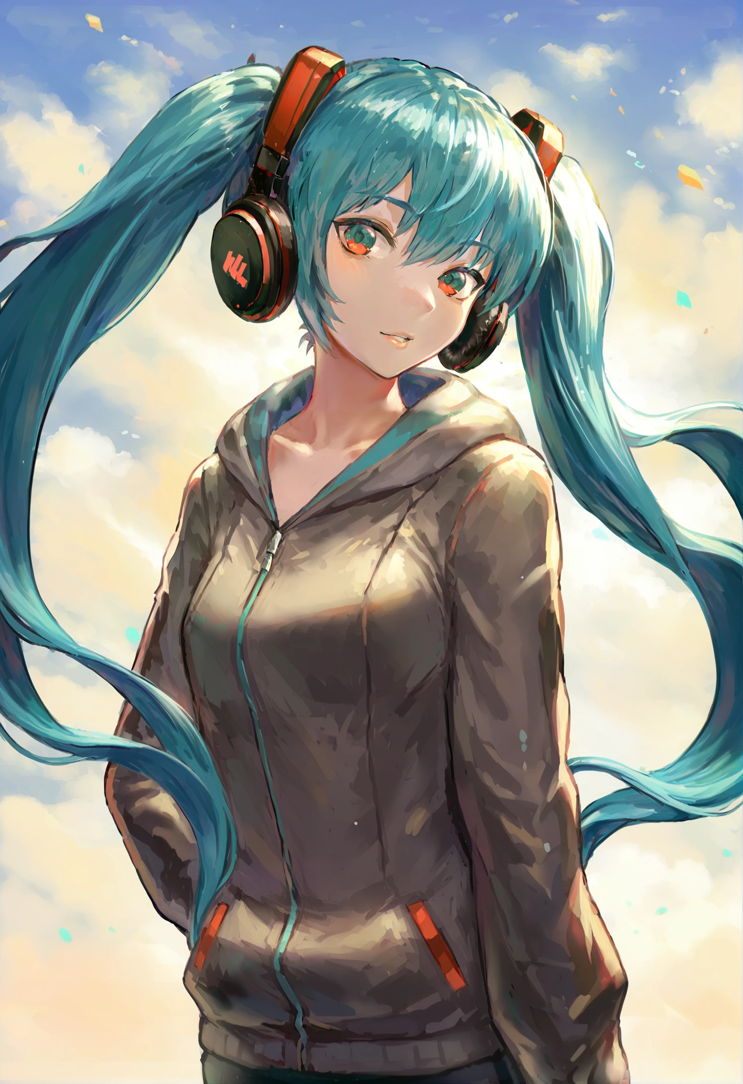 masterpiece, best quality,1girl, solo, long hair, hatsune miku, twintails, hood, upper body, sky, headphones, hood down, looking at viewer 
 <lora:cankingXLlokr4f-000184:0.95>