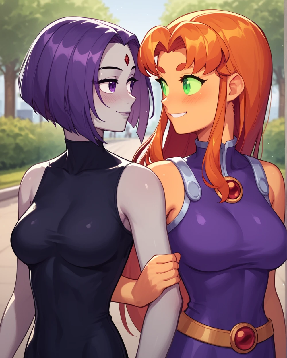 score_9, score_8_up, score_7_up, source_cartoon BREAK 2girls, raven (dc), starfire, purple hair, orange hair, short hair, long hair, medium breasts, perky breasts, park, walking, locked_arms, smile, blush, purple eyes, green eyes, upper body, colored skin, <lora:Locked_Arms:1>,  locked arms, looking at another, rating_questionable