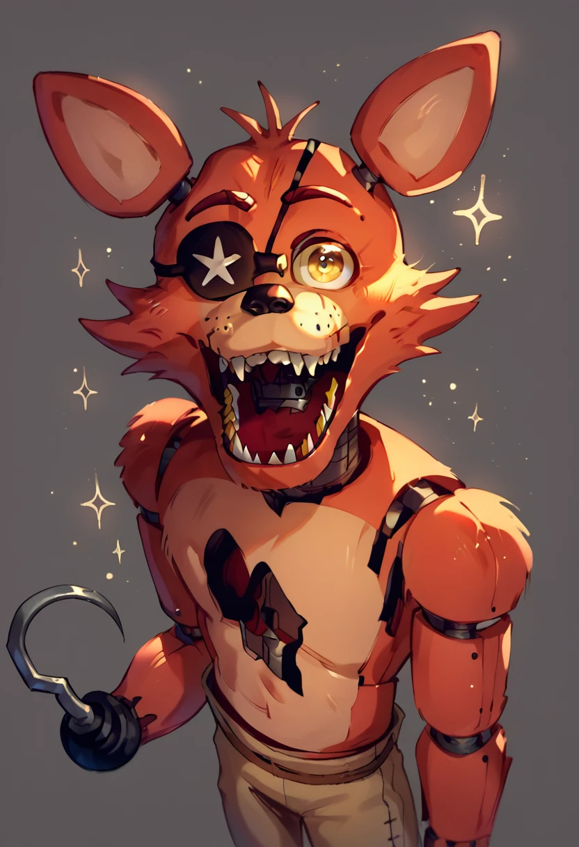 score_9, score_8_up, score_7_up, lots of details, highly detailed, (foxy), animatronic, high angle, gray background, yellow eyes, cute, brown pants, looking at viewer, hook, eyepatch, red fox, dark background, light particles, detailed, detailed eyes, hires, best quality <lora:Foxy:1>