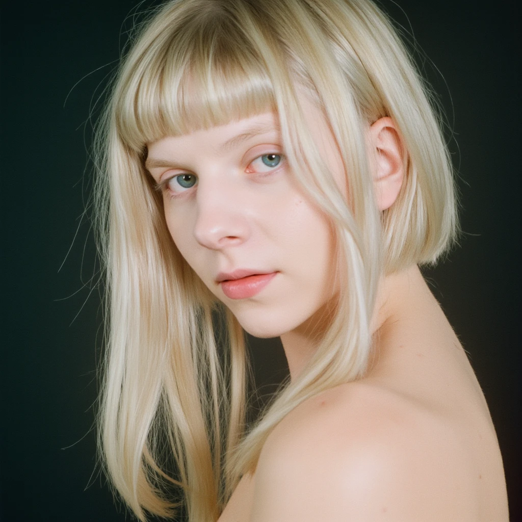 Professional photo of blond girl auroraks posing, fashion editorial shot by Jurgen Teller, Kodak portra film with unueven exposured areas, light leaks and imperfections