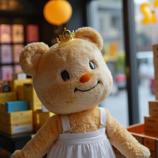 <lora:ButterbearV1:2>, (((butterbearv1))), (((teddy bear))), blurry background, arm hair, no humans, smile, crown, window, balloon, shop, stuffed animal