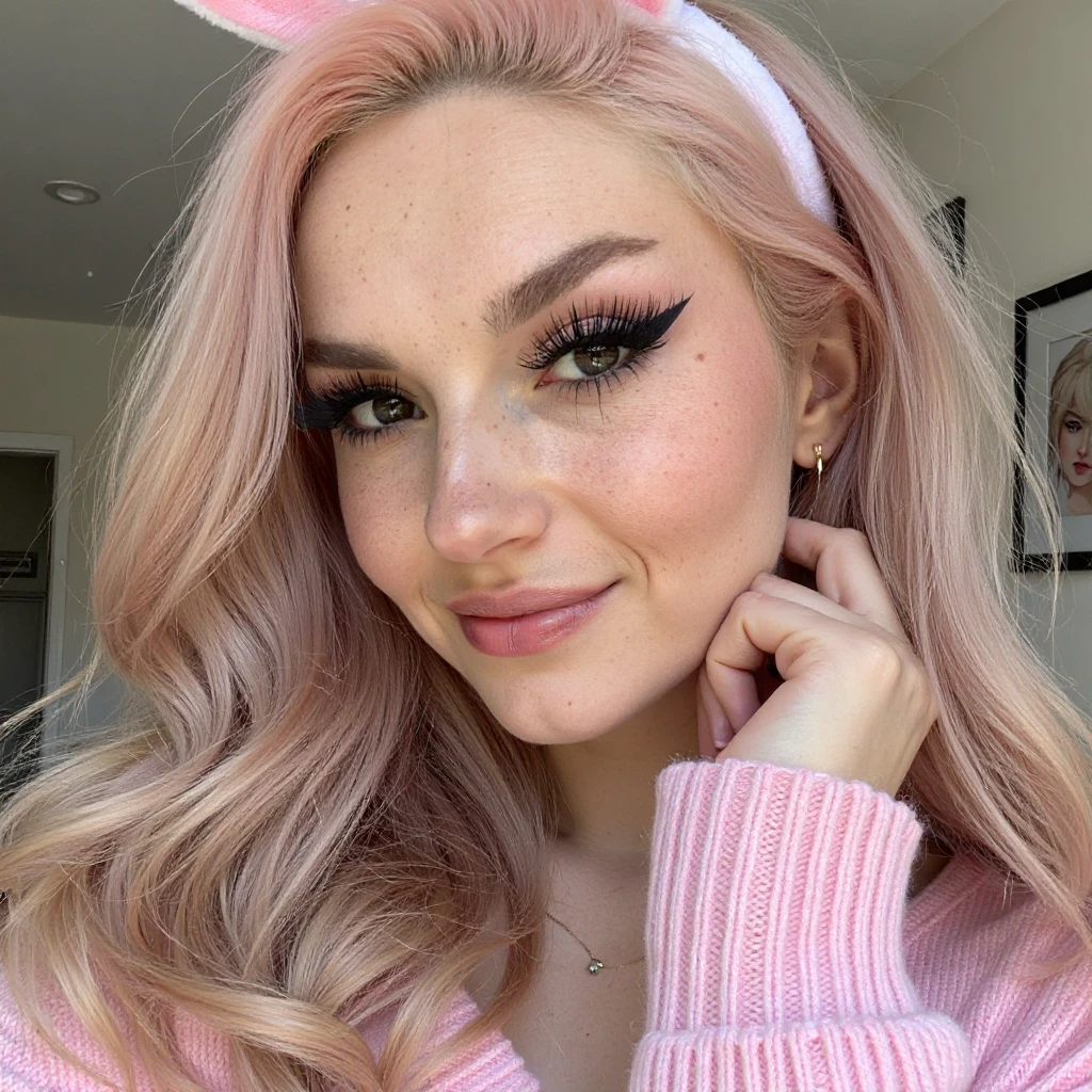 A photo of a woman. The photo includes her entire body. She is wearing pink lipstick. She has bold black eyeliner. She has smokey eyeshadow. She has a slight grin. She is looking directly into the camera. She has a natural skin texture. The skin is very detailed including skin pores. She has pink nails.
She is wearing bunny ears. She is wearing a pink sweater.