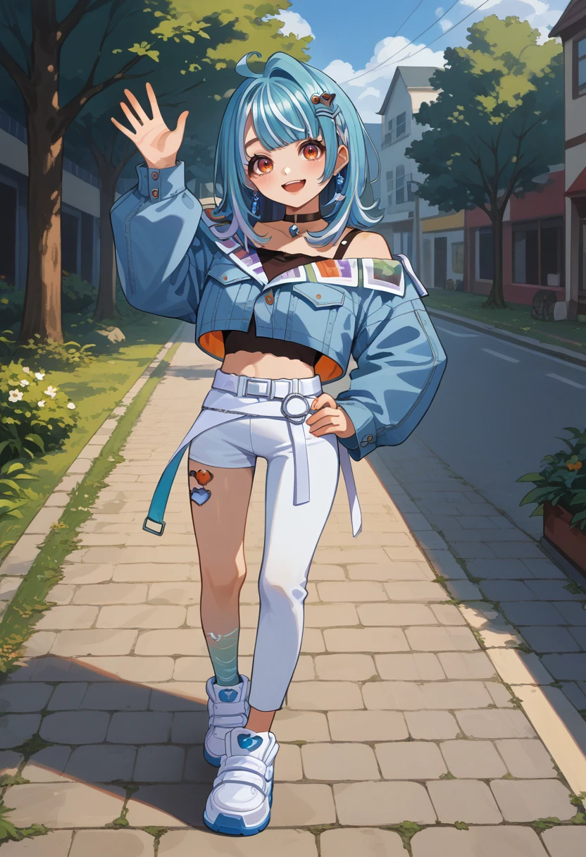 score_9, score_8_up, source_anime, 1girl, solo, RamuneDefault, orange eyes, multicolored hair, blue hair, white hair, braid, medium hair, ahoge, hairclip, earrings, black choker, blue jacket, cropped jacket, off shoulder, midriff, white belt, white pants, single pantsleg, uneven legwear, one bare leg, sneakers, full body, hand on hip, waving at viewer, outdoors, smile, <lora:ChamShiranamiRamunePonyXL:1>