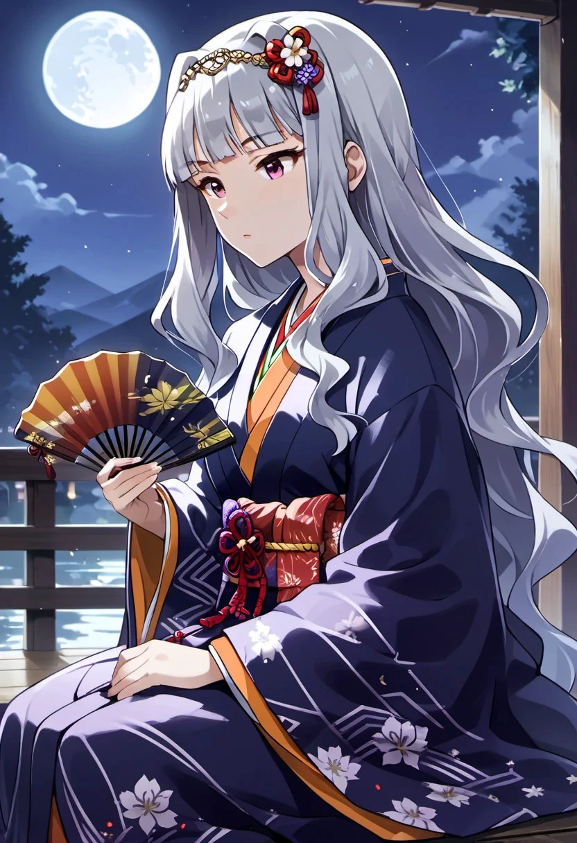 score_9, score_8_up, score_7_up, source_anime,shijou takane, long hair, grey hair, purple eyes, 1girl, japanese clothes, hand fan, solo, layered clothes, moon, kimono, full moon, night, folding fan, sitting, hair ornament