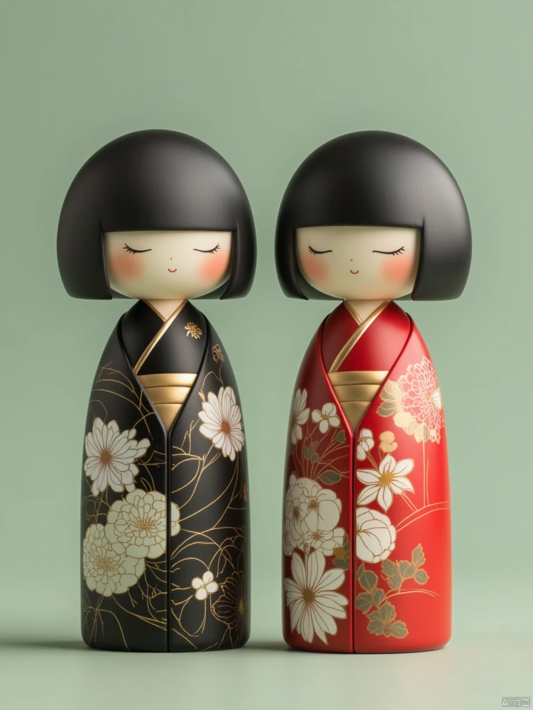 OBwawa,This is a high-resolution, digitally rendered photograph featuring two traditional Japanese dolls, or "hina ningyo," set against a smooth, gradient background that transitions from light green to a deeper green. Both dolls have identical features: they have round, smooth faces with closed eyes, rosy cheeks, and small, pursed mouths. Their hair is styled in a bob cut, with a single, delicate gold hairpin adorning each doll's head. The doll on the left wears a black kimono with elaborate white floral patterns, including peonies and chrysanthemums, against a gold background. The kimono has a gold sash tied around the waist. The doll on the right is dressed in a vibrant red kimono adorned with white floral designs, also featuring peonies and chrysanthemums. This kimono has a red sash tied around the waist, contrasting with the white patterns.The dolls' bodies are slender and smooth, with a glossy, almost lacquered finish, reflecting light softly. The overall style of the image is modern yet respectful of traditional Japanese aesthetics, emphasizing the dolls' serene expressions and elegant attire. The background is minimalistic, allowing the dolls to be the focal point.