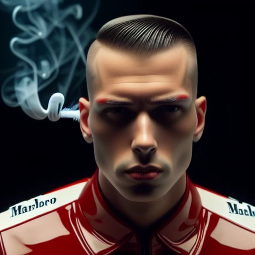 Several Marlboro Red Drones, full Rubber, Flattop haircut, smoking franticaly