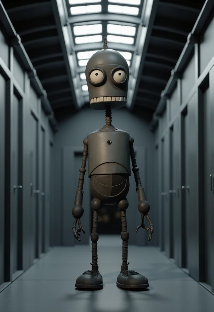 <lora:Tim_Burton_Style_FX-000001:1> Bender in a metallic hallway in tburton_style