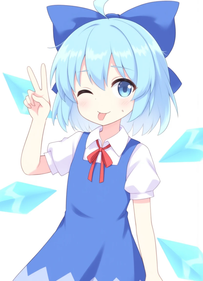 detailed digital anime illustration, 1girl, cirno, solo, blue hair, wings, blue eyes, one eye closed, ice wings, tongue, ice, tongue out, short hair, bow, short sleeves, blue bow, v, shirt, upper body, hair bow, white shirt, hair between eyes, puffy sleeves, blue dress, collared shirt, dress, looking at viewer, red ribbon, puffy short sleeves, smile, ribbon, neck ribbon, closed mouth, sleeveless, pinafore dress