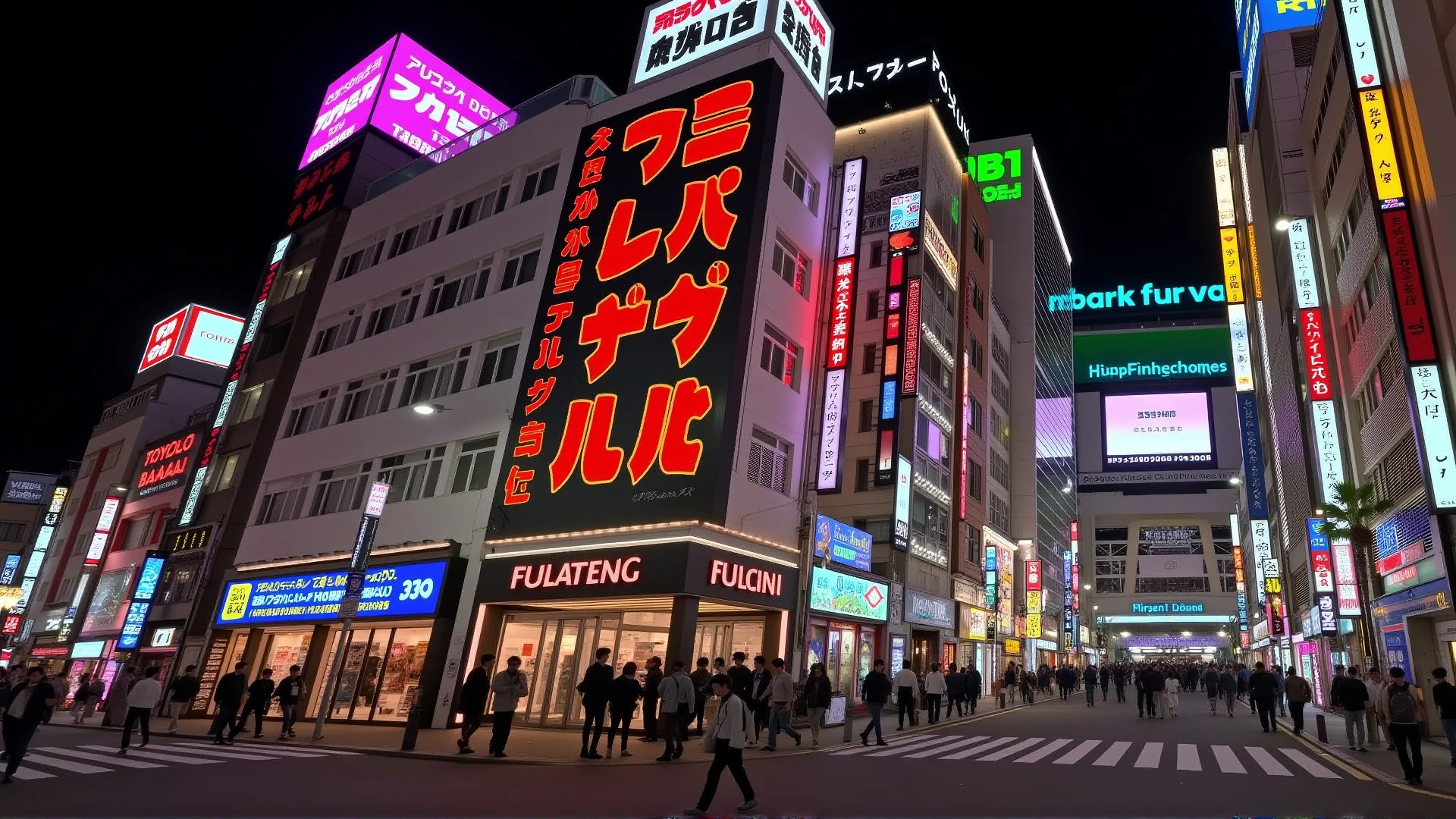 tokyo at night. hyperdetailed photography in a shopping and entertaining street with high building with colorful neon boards.
