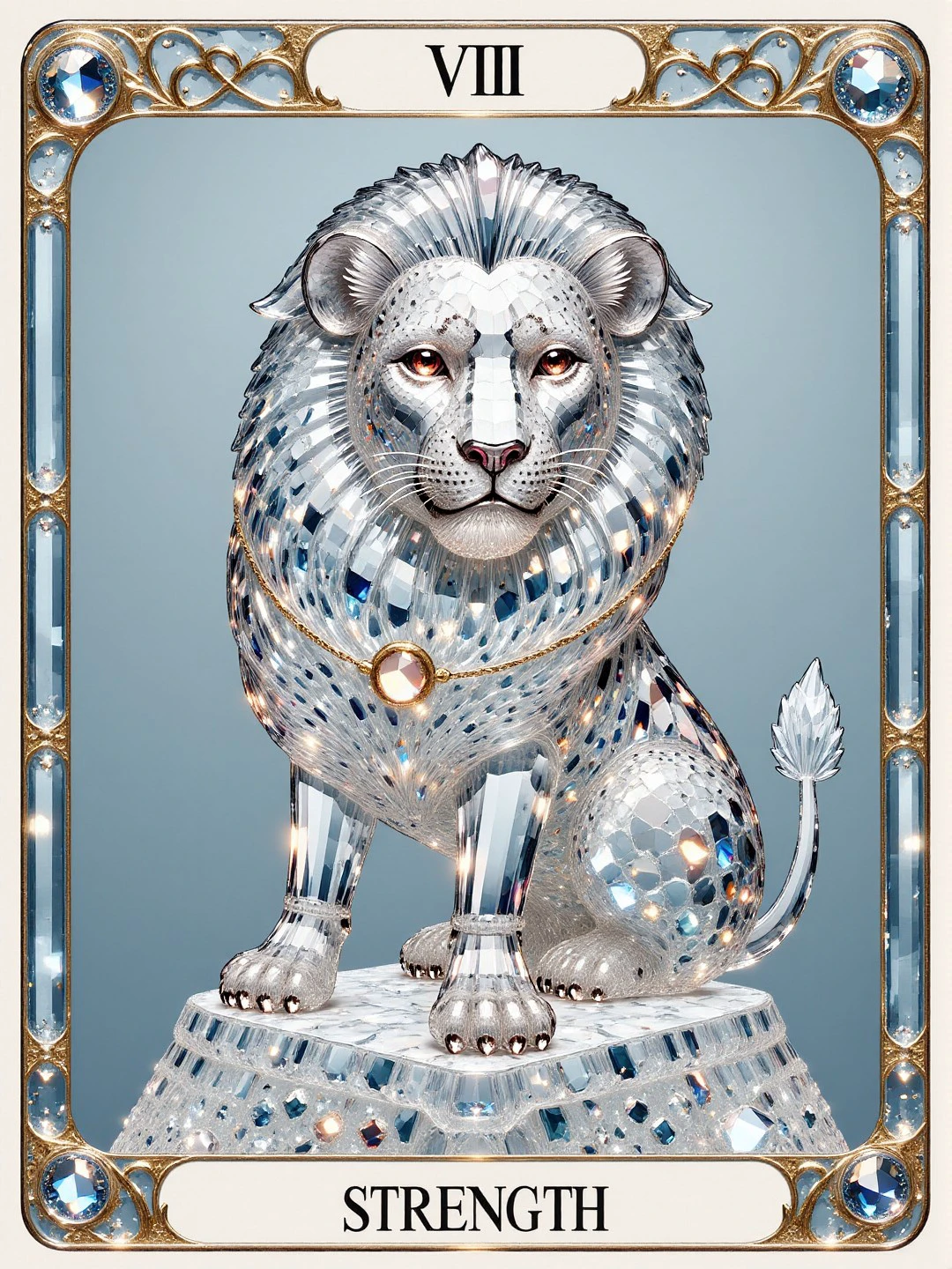 cs-cr1stal , Tarot card of Strength, with text "VIII" at the top and text "Strength" at the bottom, standing with a lion, infinity symbol <lora:Crystality Flux_v1:1>