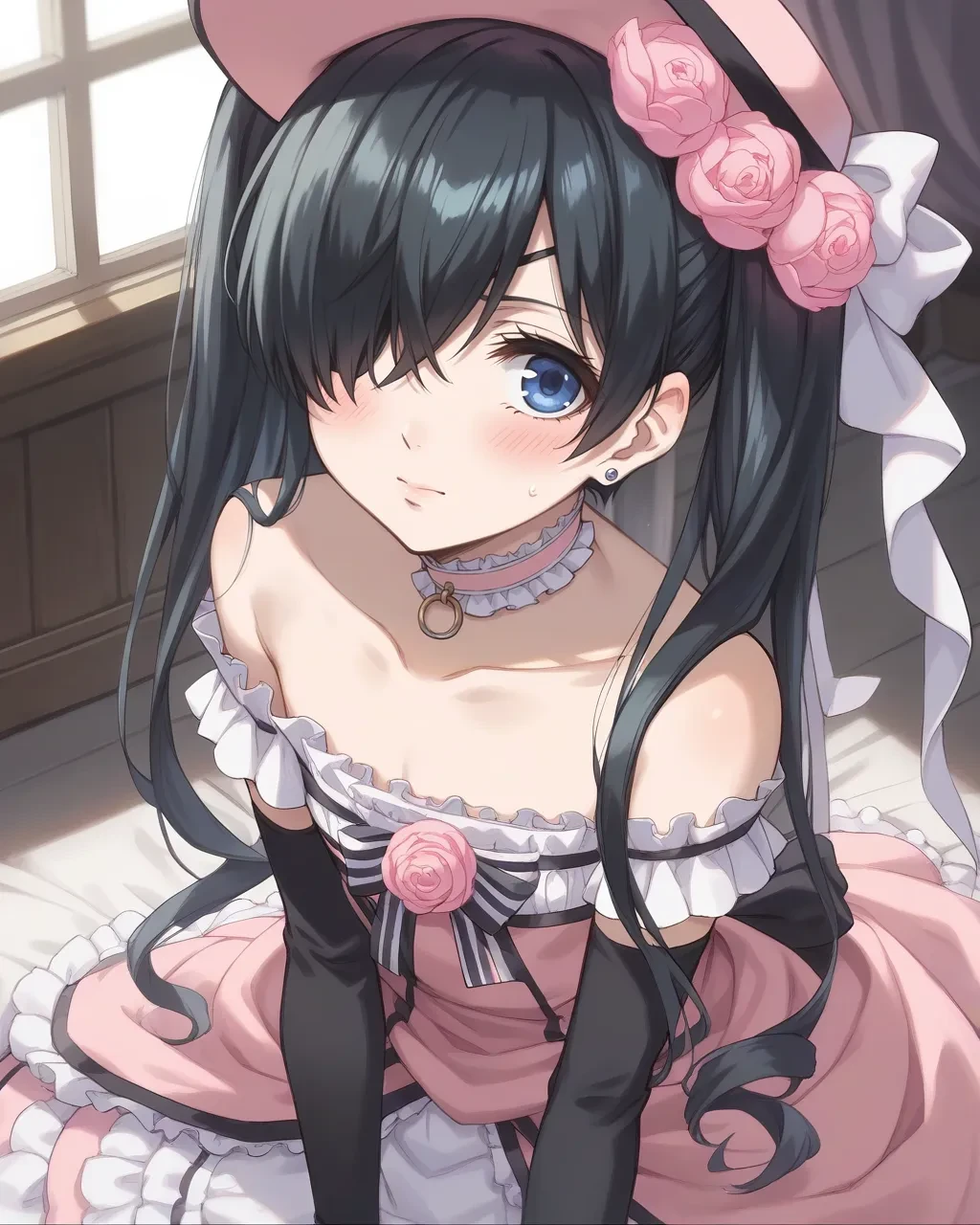 score_9,score_8_up,score_7_up,best quality, 4k, rating_safe, very aesthetic, source_anime,blush,
room,
<lora:Ciel_Phantomhive:0.8>,
Ciel_PhantomhiveBB,blue eyes,black hair,long hair,twintails,hair over one eye,flower,choker,hat,pink headwear,dress,frills,crossdressing,bare shoulders,rose,elbow gloves,earrings,
dynamic angle,blush,all fours,,