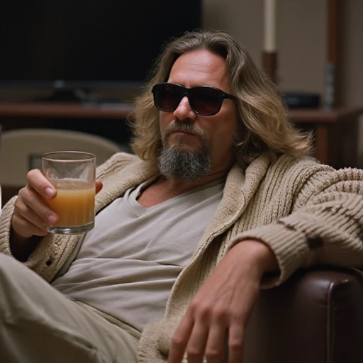 The Dude, chilling on his couch in a bathrobe, sunglasses on, holding a White Russian, with a laid-back expression. 90s retro vibes, soft lighting, messy apartment backdrop