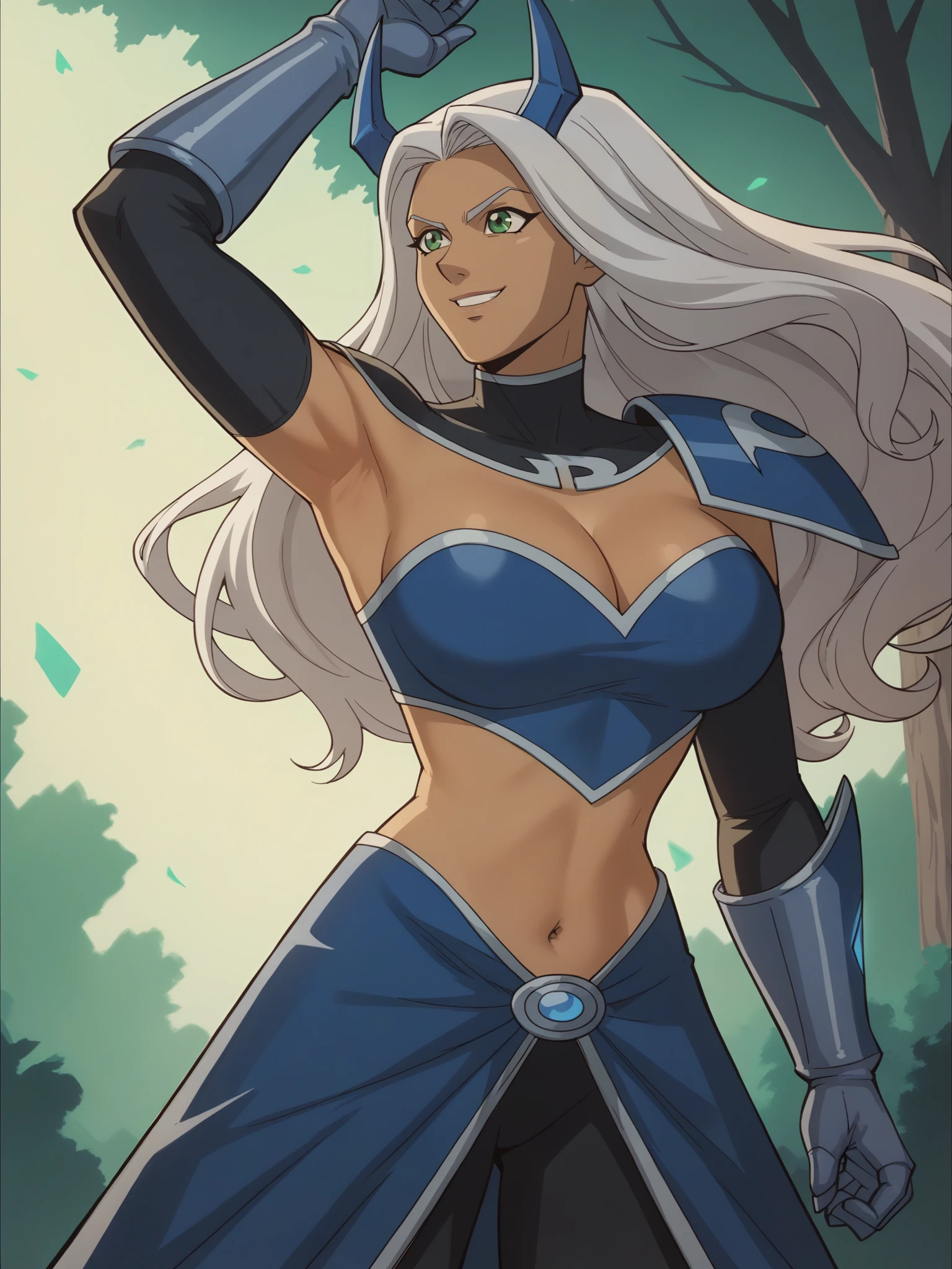 score_9, score_8_up, score_7_up, score_6_up, score_5_up,
danny_phantom, 1girl, white_hair, green_eyes, large_breasts,
,robust armor,1girl,solo,dark-skinned female,long hair,cleavage,white hair,large breasts,navel,smile,armpits,blue armored leotard,blue gauntlets,blue horns,blue shoulder armor,forest,blue armored dress,
<lora:Danny_Phantom_SDXL:1> <lora:Yugioh_5Ds:.75>