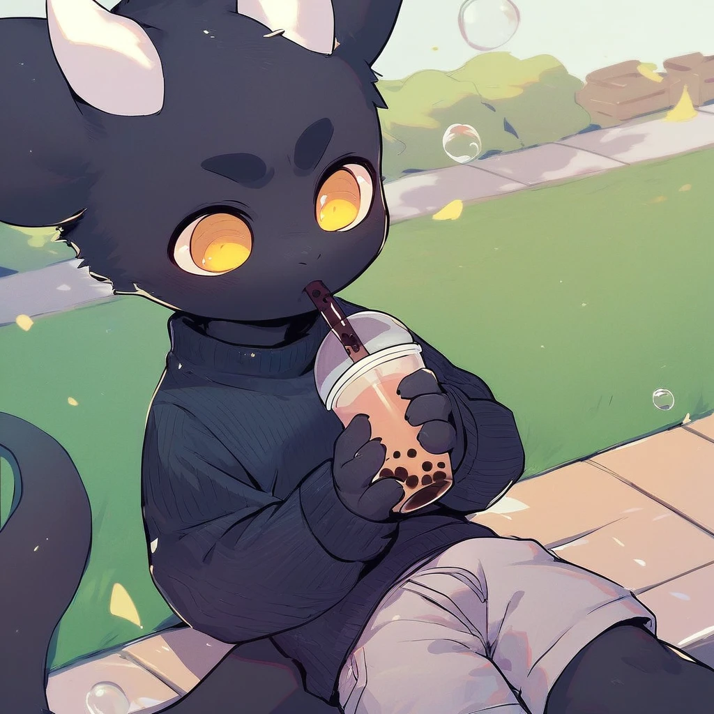 score_9_up, score_8_up, score_7_up, source_furry, mikus-kirikopoyo, black dragon, black body, white horns, yellow eyes, park, holding, bubble tea, black sweater, gray shorts, 1boy, solo