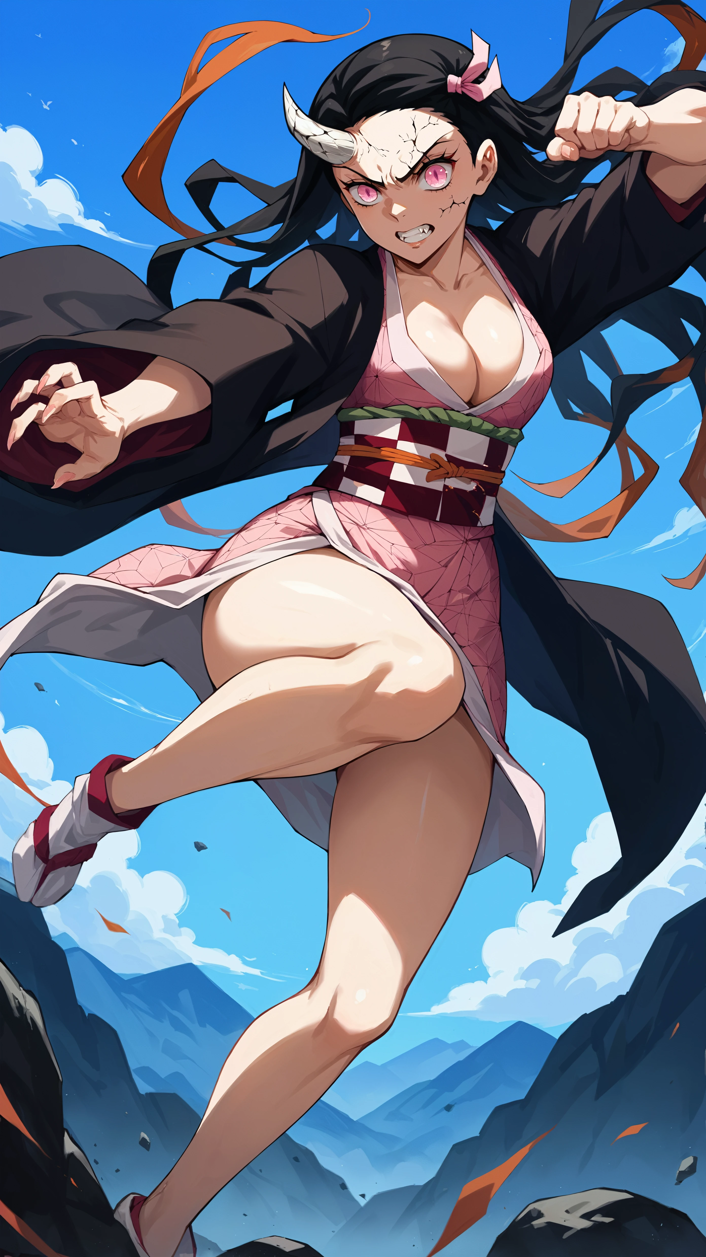 ADDCOMM score_9,score_8_up,score_7_up,score_6_up, source_anime, zPDXL3, <lora:xl_more_art-full_v1:0.5>, woman, dynamic pose, one arm behind her head, <lora:Nezuko Kamado - Pony-000004:0.8>, bNezuko, long hair, black hair, pink eyes, single horn, veins, cracked skin, cleavage, fangs, pink kimono, black coat, fighting pose, motion lines, motion blur, mountainous horizon, rock face, cliffside, bare legs,