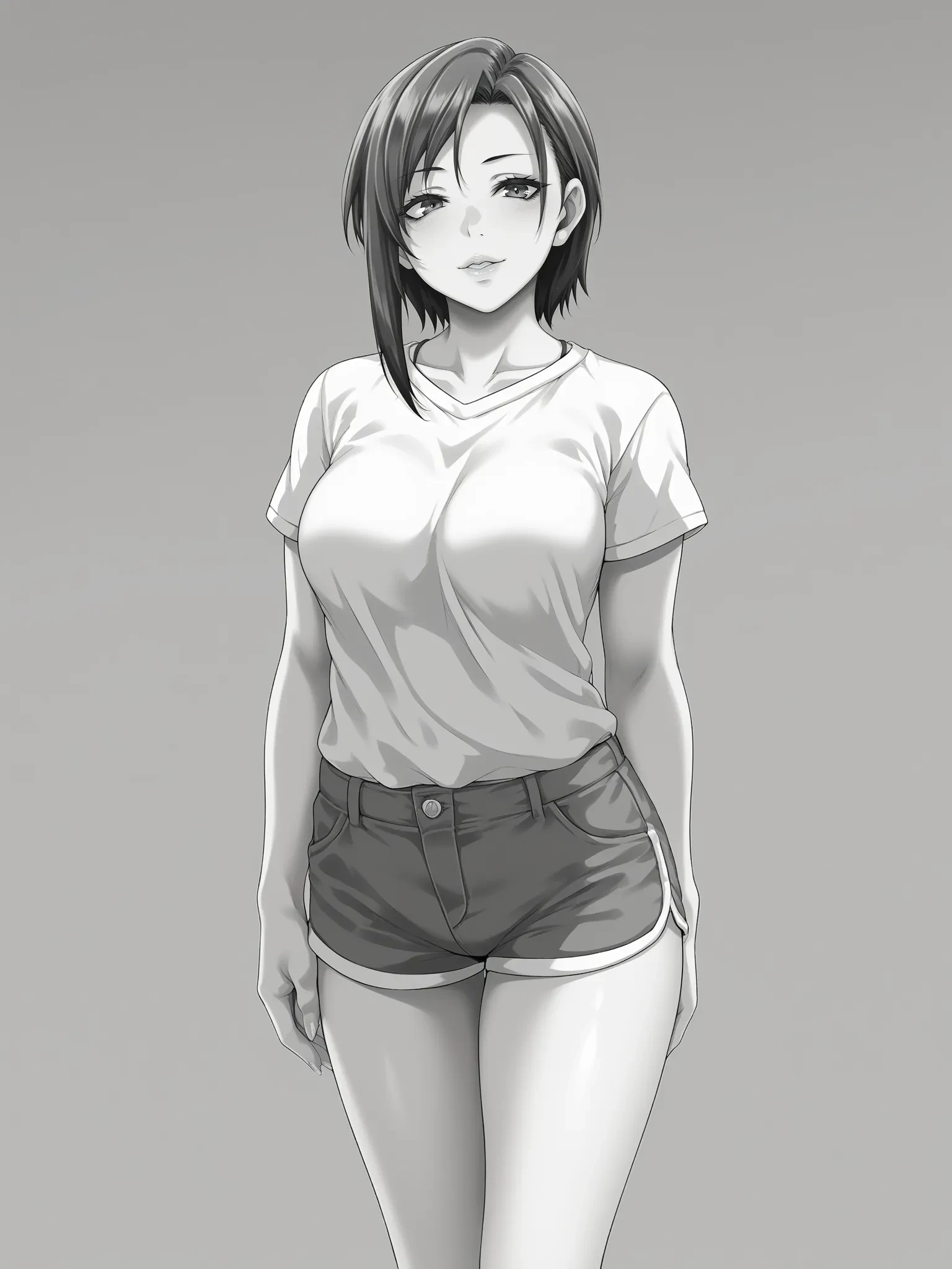 uncensored, score 9 up, score 8 up,
<lora:Tiramisu_Tart_Kazuhiros_Sukebena_musume_no_otoshi-kata_dosukebena_obasan_ga_shikonde_ageru_Artstyle_PonyXL:1>,monochrome, greyscale, hetero, 1girl, shirt, shorts, standing, looking at viewer,