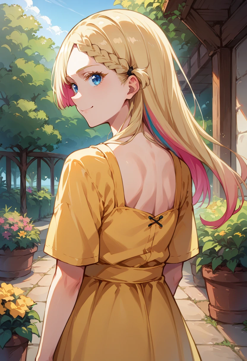 score_9, score_8_up, source_anime, 1girl, solo, SeiraKurusu, blue eyes, colored inner hair, blonde hair, pink hair, long hair, braid, from behind, yellow sundress, garden, day, sunshine, smile, looking back, <lora:ChamSeiraKurusuPonyXL:1>