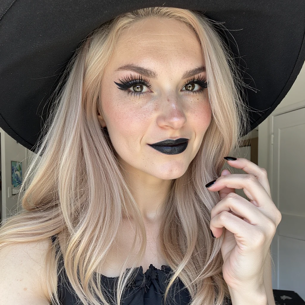 A photo of a woman. The photo includes her entire body. She is wearing black lipstick. She has bold black eyeliner. She has smokey eyeshadow. She has a slight grin. She is looking directly into the camera. She has a natural skin texture. The skin is very detailed including skin pores. She has black nails.
She is wearing a a witches hat