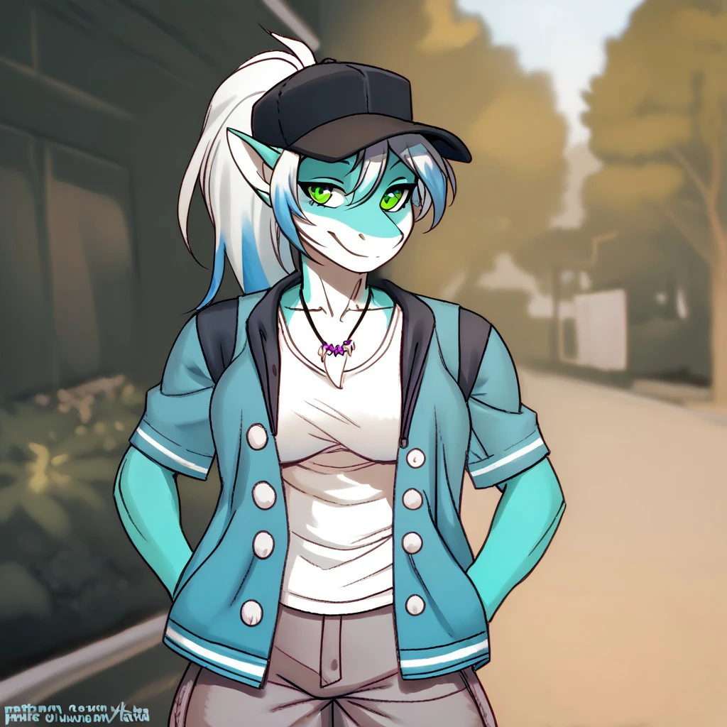 score_9_up, score_8_up, score_7_up, sharky, shark, white hair, blue highlights, green eyes, ponytail, solo, 1girl, sharktooth necklace, open jacket, white tanktop, shorts, baseball cap, smile, looking at viewer, hands in pockets, close up, portrait, outdoors, street, depth of field, iskrastyle, by iskra