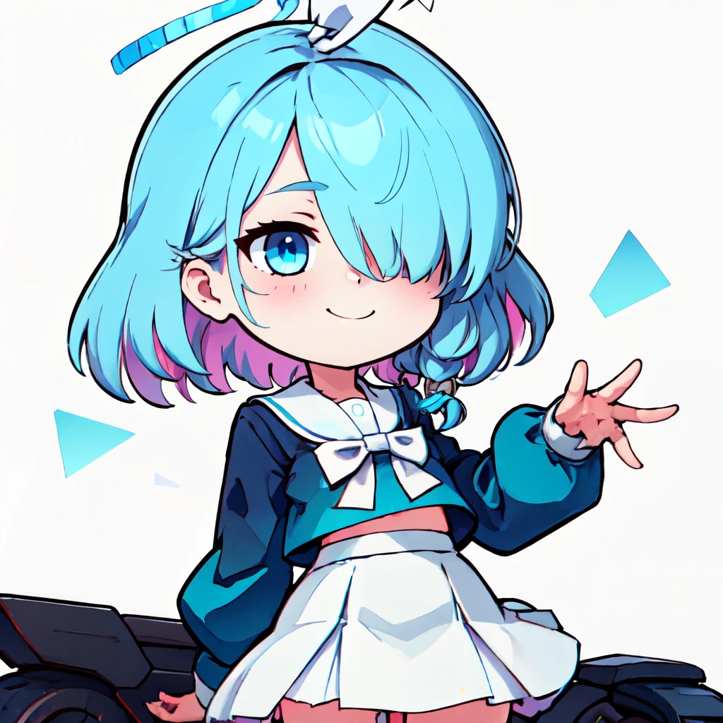 ((masterpiece,best quality)), absurdres,  ,,, <lora:BlueArchiveChibi:0.7>,  white background, chibi, smile, solo,  ,,, <lora:Arona_BlueArchive_Citron:0.8>, zzArona, blue eyes, blue hair, hair over one eye, bangs, halo, mechanical halo, long sleeves, ribbon, school uniform, serafuku, skirt, white skirt, hands behind back,