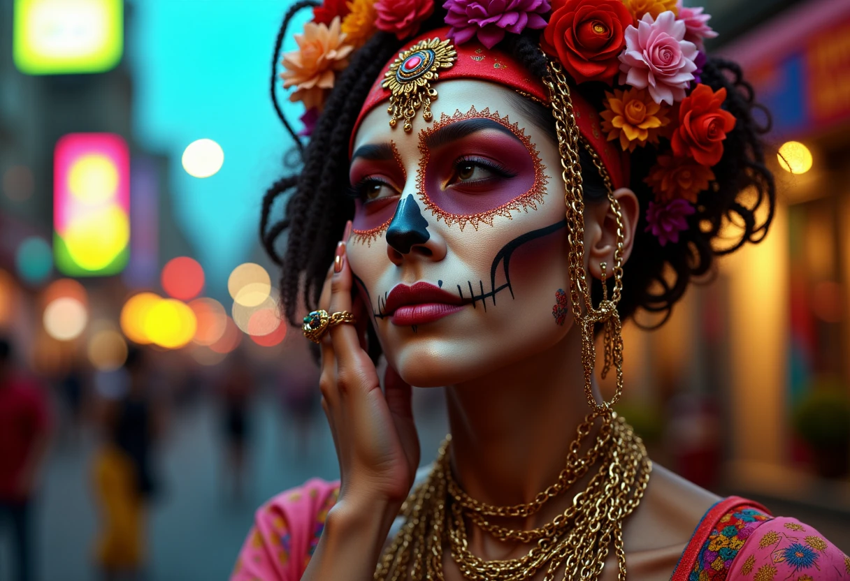 NCFE, a woman with designer chains on her face, her hand touches the side of her head, she looks to be deep in thought, her background is a street party like day of the dead or mardi gras