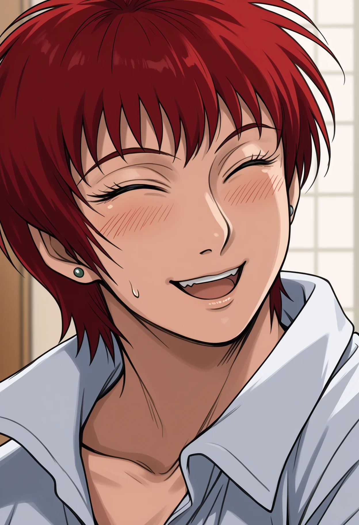 score_9, score_8_up,score_7_up, source_anime, 1girl, solo, <lora:akwmk_pdxl_EliPot:1>, akwmk, tomboy, short hair, red hair, stud earrings, jewelry, 
white shirt, collared shirt, collarbone, 
closed eyes, smile, happy, open mouth, upper teeth only,  blush, 
portrait, close-up,