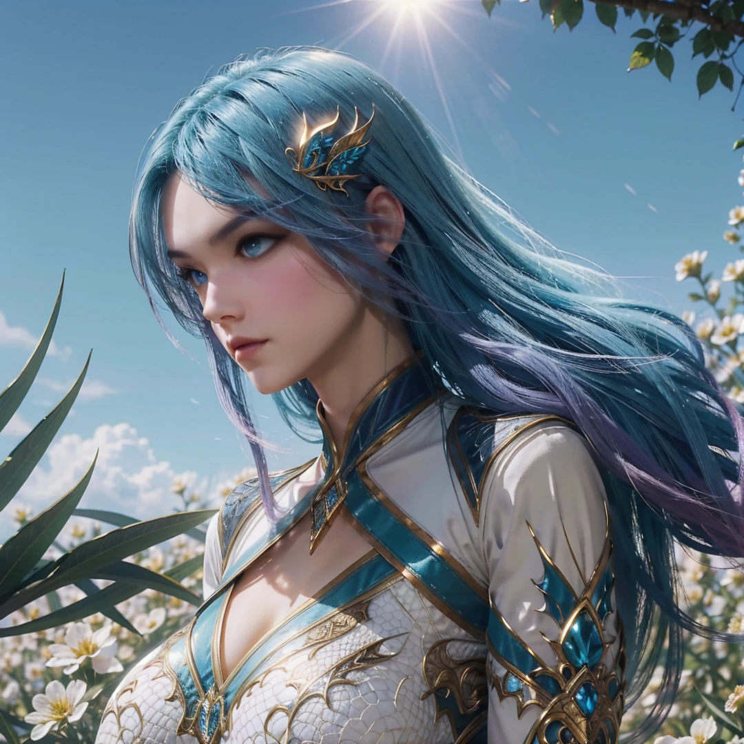 1girl,solo,long hair,blue hair,gradient hair,blue eyes,hair ornament,dress,huge breasts,looking at viewer,outdoors,sky,((sunlight)),((glowing)),in flower,(blurry_foreground),(upper body),Highly detailed,(ultra-detailed),(best quality,masterpiece:1.5),<lora:wangqiuer:0.65>,<lora:QX:0.4>,qx,