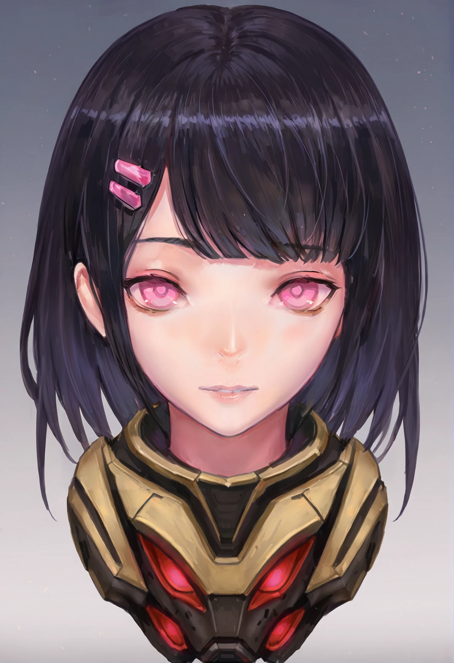 masterpiece, best quality,1girl, black hair, solo, looking at viewer, pink eyes, gradient background, hairclip, portrait, hair ornament, mask, science fiction, straight-on, android 
 <lora:cankingXLlokr4f-000184:0.95>