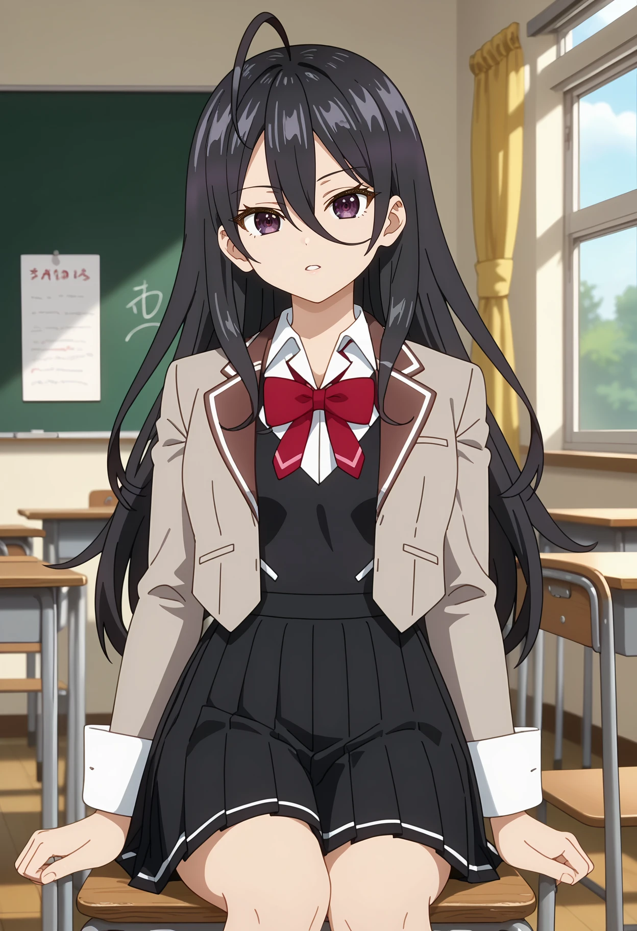 score_7_up, anime screencap, anime coloring,
<lora:Roshidere_KimishimaAyanoXL:0.9>,
1girl, solo, parted lips, head tilt,
long hair, black hair, ahoge, hair between eyes, purple eyes,
AyanoSchool, cropped jacket, brown jacket, red bowtie, white shirt, black vest, long sleeves, sleeve cuffs, pleated skirt, black skirt,
arms at sides, sitting, looking at viewer,
blurry background, indoors, classroom, chair