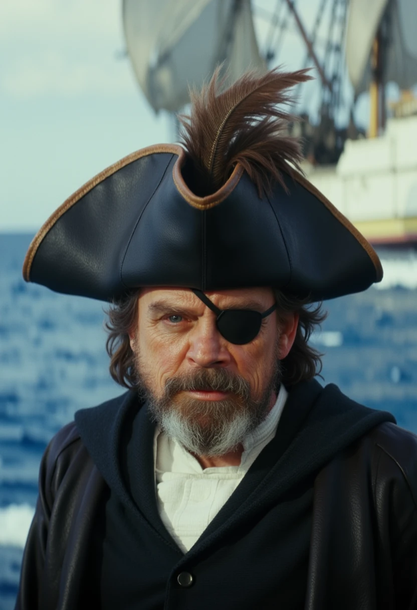 Luke Skywalker, a seasoned pirate captain with a mischievous grin, an eyepatch over one eye, wearing a tricorn hat adorned with feathers; behind him, the open sea with a ship's mast and billowing sails.