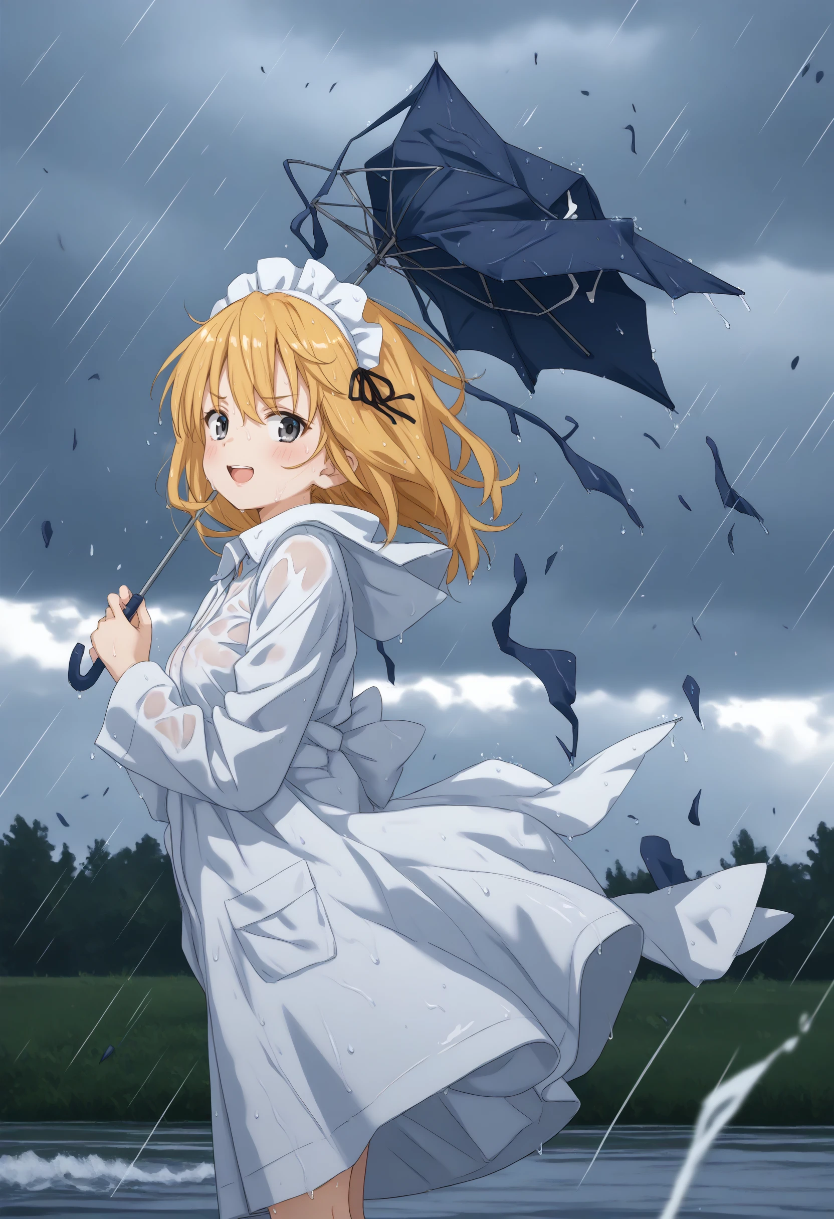 (masterpiece:0.7), (best quality:1.1),
(by sincos:0.5),(by ningen mame:0.5),(by toosaka asagi:0.5),
1girl,solo,medium breasts, maid, maid headdress,
cloudy sky ,floating hair ,leaning to the side,typhoon, storm ,raincoat,broken umbrella,rain,outdoors,wet,wind,wind lift, leaning forward <lora:brokenumbrella_Pony_v1:0.8>
from behind, wide shot, looking to the side, blonde hair, gray eyes,seductive grin smug, inn, open mouth, bow-shaped hair,,