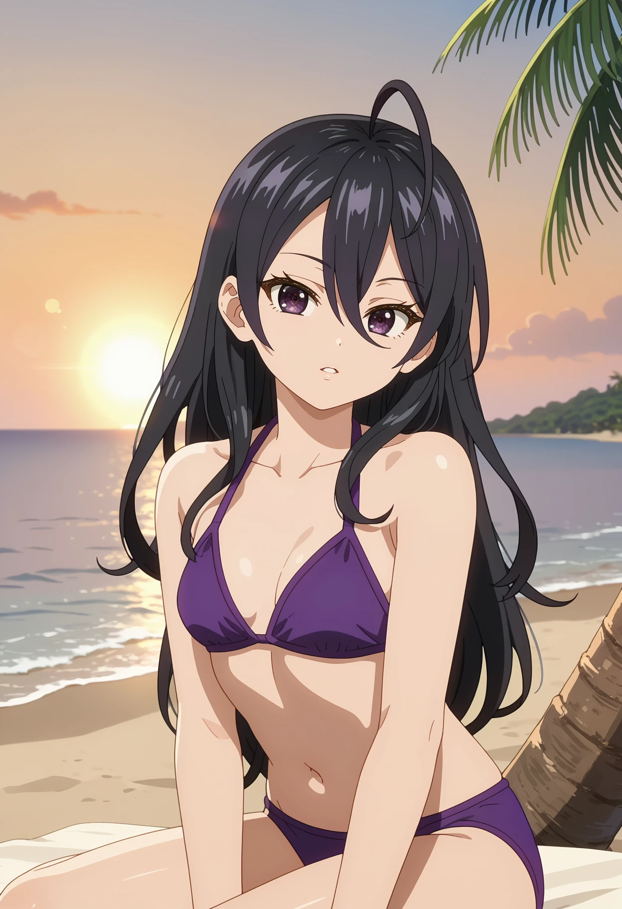 score_7_up, anime screencap, anime coloring,
<lora:Roshidere_KimishimaAyanoXL:0.9>,
1girl, solo, parted lips, head tilt,
long hair, black hair, ahoge, hair between eyes, purple eyes,
purple bikini, small breasts,
sitting, looking at viewer,
sunset, horizon, beach, palm tree, lens flare, evening