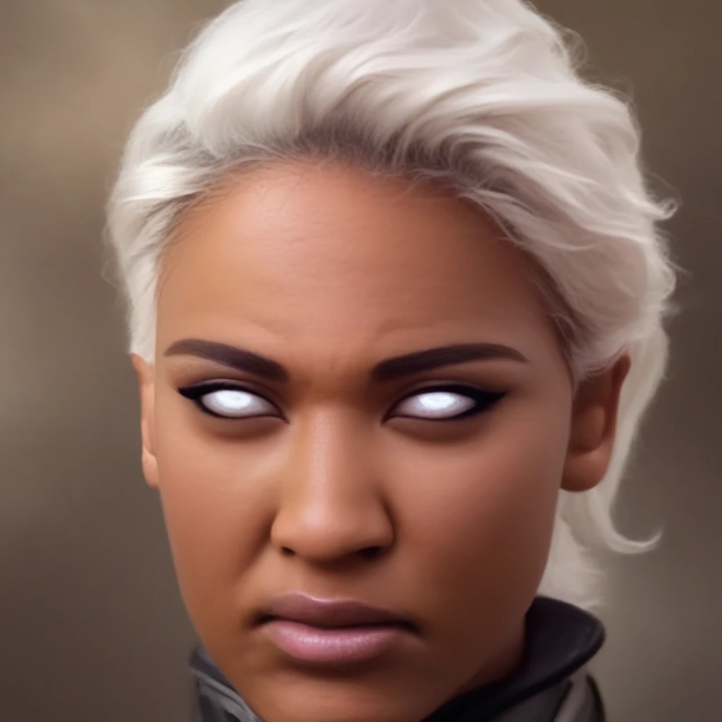 ororo, portrait, brown skin, white hair, white eyes, abstract background, outfit1,detailed