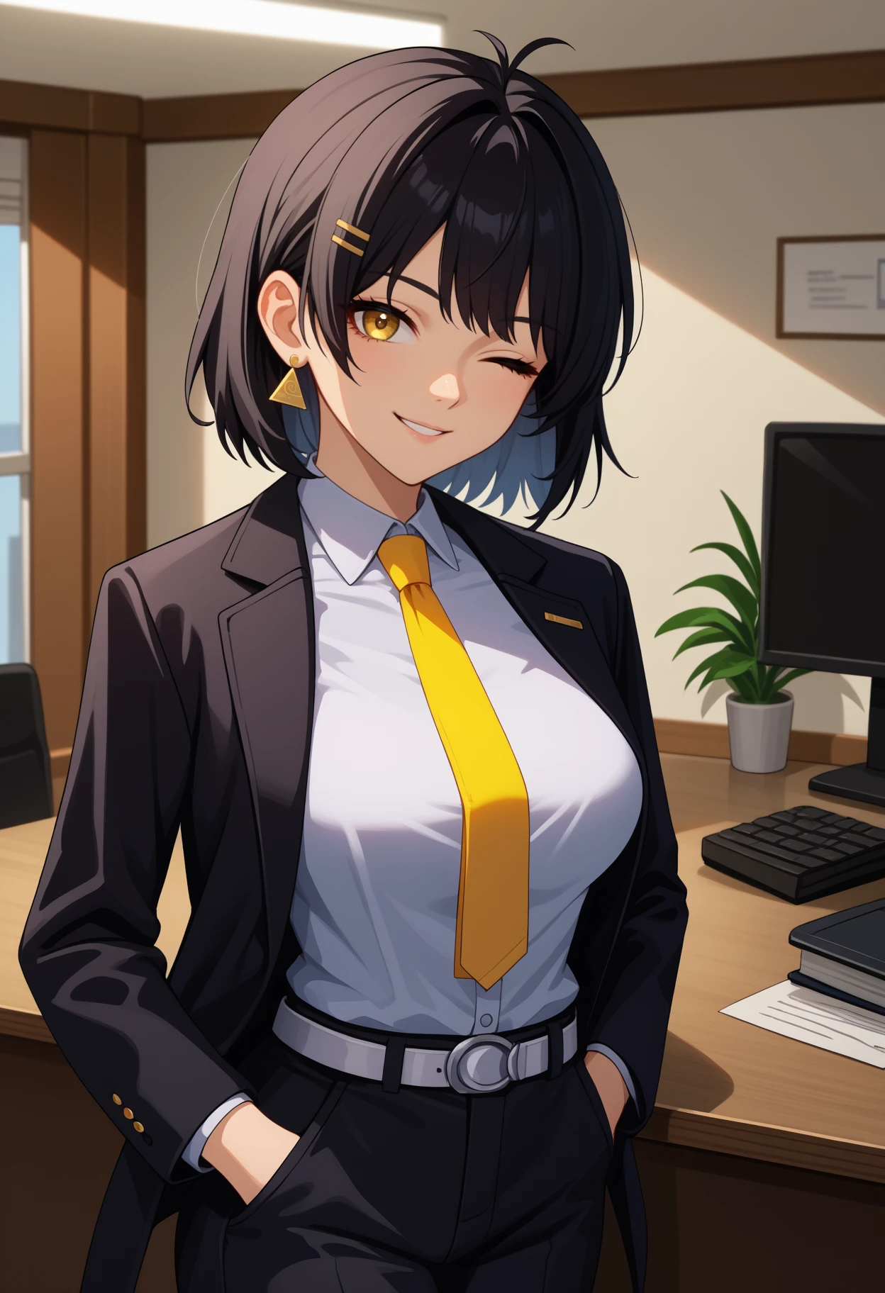 score_9, score_8_up, score_7_up, source_anime, <break> solo, 1girl, femr0ver, smile, looking at you, standing, hands in pockets, long hair, black hair, hair ornament, hairclip, yellow eyes, one eye closed, formal, black suit, black jacket, suit jacket, open jacket, long sleeves, white shirt, collared shirt, yellow necktie, black pants, white belt, triangle earrings, large breasts, indoors, office
<segment:yolo-face_yolov8m.pt,0.4,0.5//cid=1>