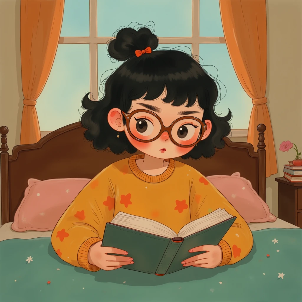 a girl wearing glasses, reading a book, in a cozy bedroom, illustration in the style of WHMSCPE001