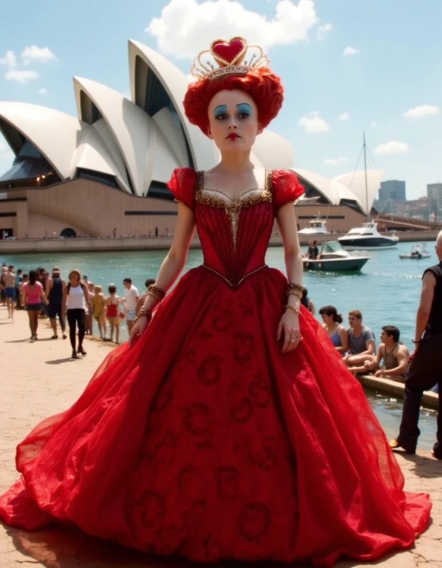 the queen of heart, whimsical fantasy meets reality, standing proudly in front of the Sydney Opera House, vibrant red gown flowing in the breeze, large crown with heart-shaped gems, surrounded by modern tourists and boats, sunlit harbor scene, hyper detailed, 8k realism.