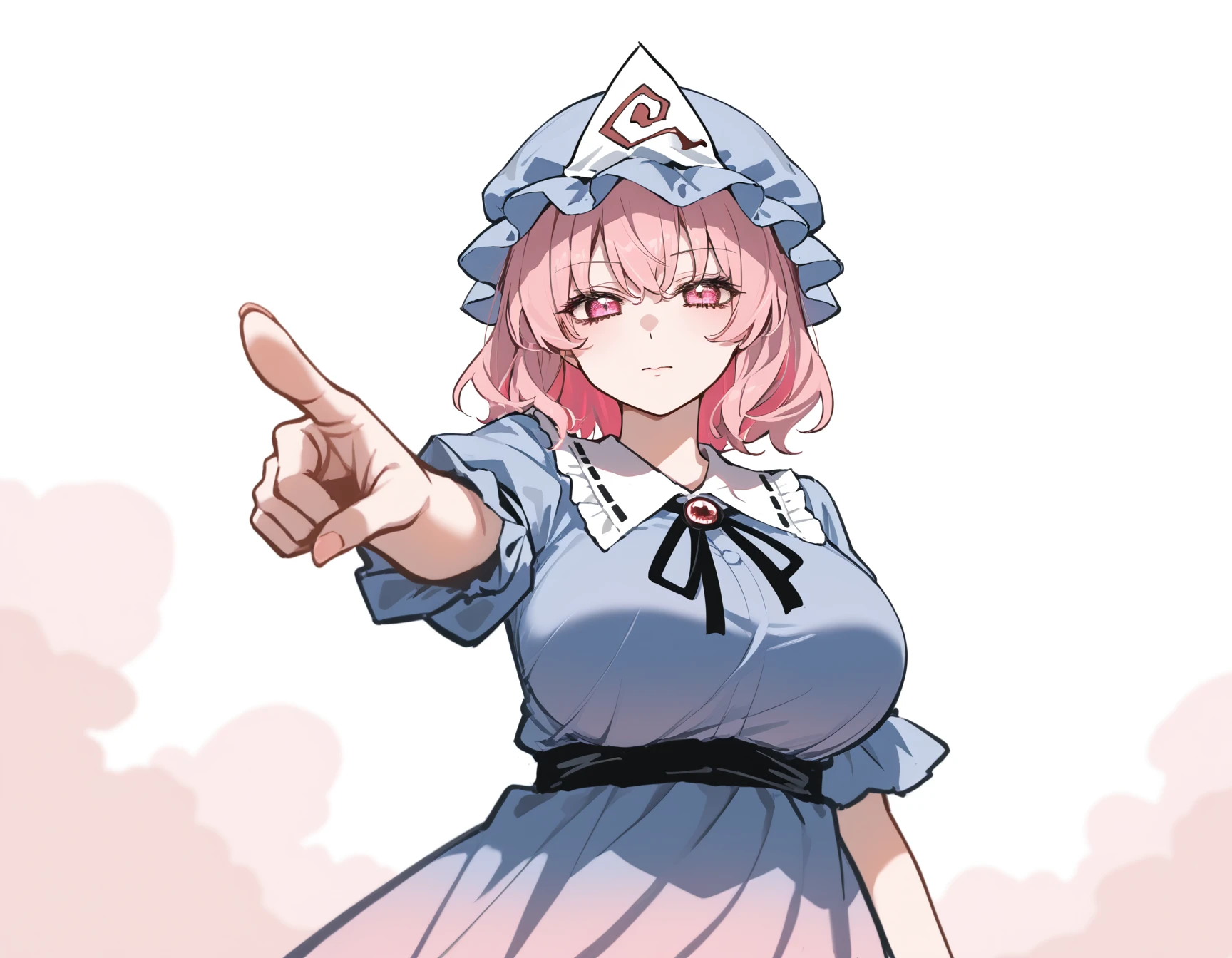 oekaki, sketch, rough sketch, (by kankan33333:1.2), pointing at viewer, 1girl, saigyouji_yuyuko, pink hair, (iridescent:1.3) gradient pink cloudy sky, touhou, pink short hair, pink eyes, blue dress, mob cap, triangular headpiece, plump, large breasts, confident, simple background, white background, best quality, amazing quality, very aesthetic, absurdres