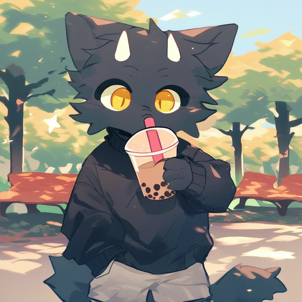 score_9_up, score_8_up, score_7_up, source_furry, mikus-poiuuShho, black dragon, black body, white horns, yellow eyes, park, holding, bubble tea, black sweater, gray shorts, 1boy, solo