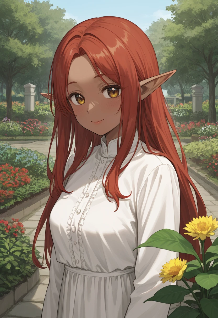 moody lighting, outdoors, dark-skinned female, elf, red hair, princess, hazel eyes, garden, happy, long hair,, anime,