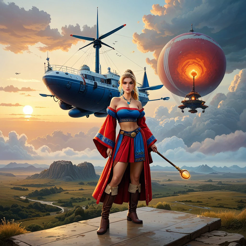 oil painting of (parkinson_style) score_9 score_8_up score_7_up action scene 1girl solo blonde hair jewelry breasts navel long red hair necklace boots staff ponytail earrings cleavage midriff blue eyes full body tube top holding wide sleeves high ponytail standing strapless skirt knee boots sky best quality masterpiece , epic background, airship, clouds, sunset, magical, magic items, hat, NSFW