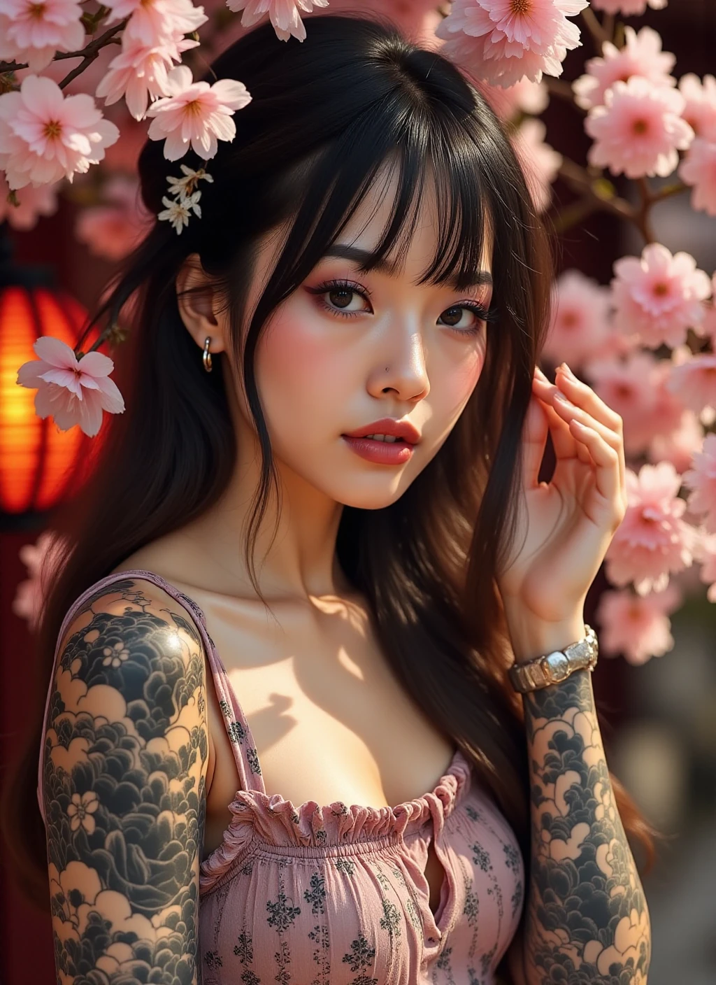 A captivating portrait of a beautiful woman with a traditional Japanese style full-sleeve tattoo, surrounded by cherry blossoms and traditional lanterns. A close-up view focusing on her tattoo and delicate features, vibrant colors highlighting the intricate designs. Soft sunlight filters through the blossoms, casting gentle shadows on her skin. <lora:Japanese_style_full_sleeve_tattoo-000001:1>