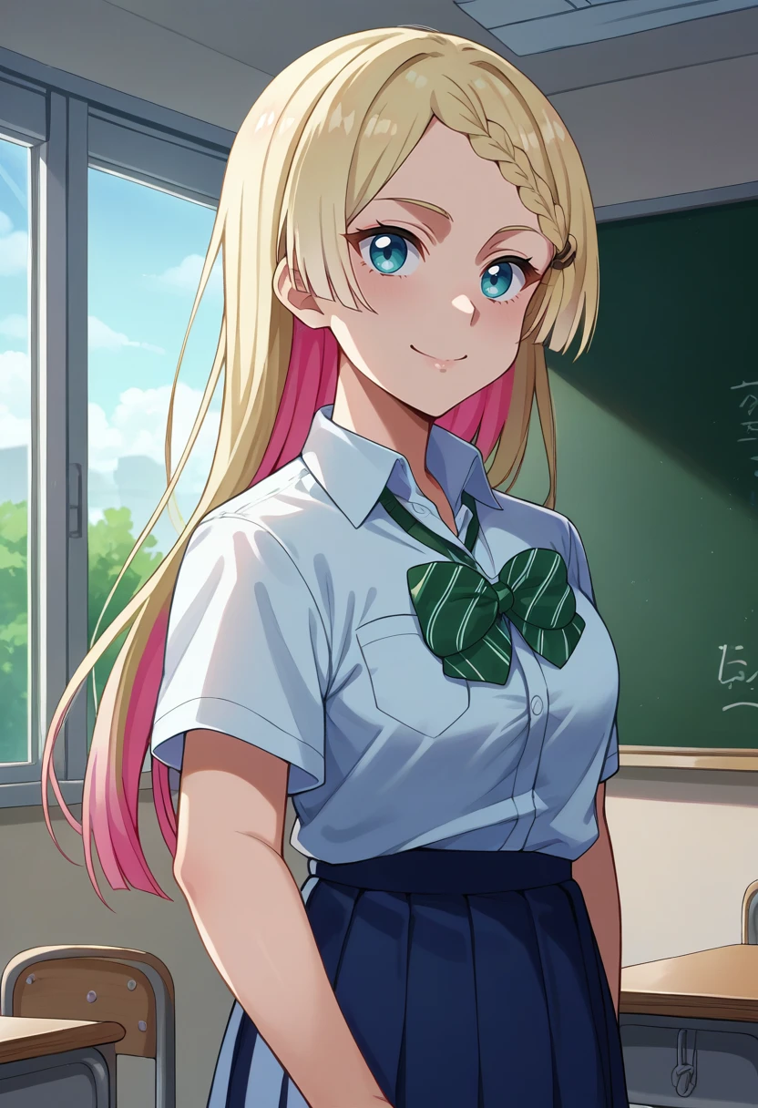 score_9, score_8_up, source_anime, 1girl, solo, SeiraKurusu, blue eyes, colored inner hair, blonde hair, pink hair, long hair, braid, green bowtie, striped bowtie, collared shirt, short sleeves, shirt tucked in, blue skirt, pleated skirt, indoors, window, classroom, smile, <lora:ChamSeiraKurusuPonyXL:1>