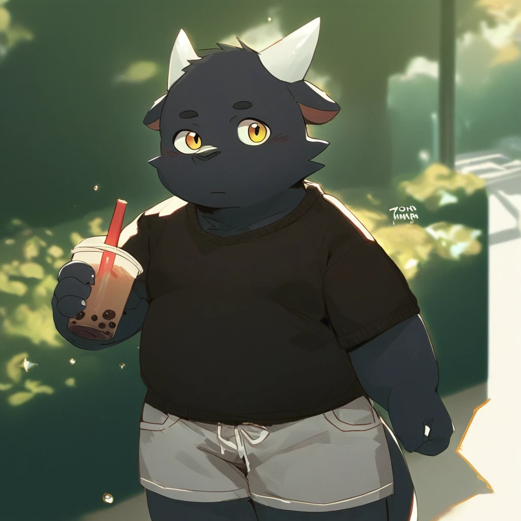 score_9_up, score_8_up, score_7_up, source_furry, mikus-Tongmung24, black dragon, black body, white horns, yellow eyes, park, holding, bubble tea, black sweater, gray shorts, 1boy, solo