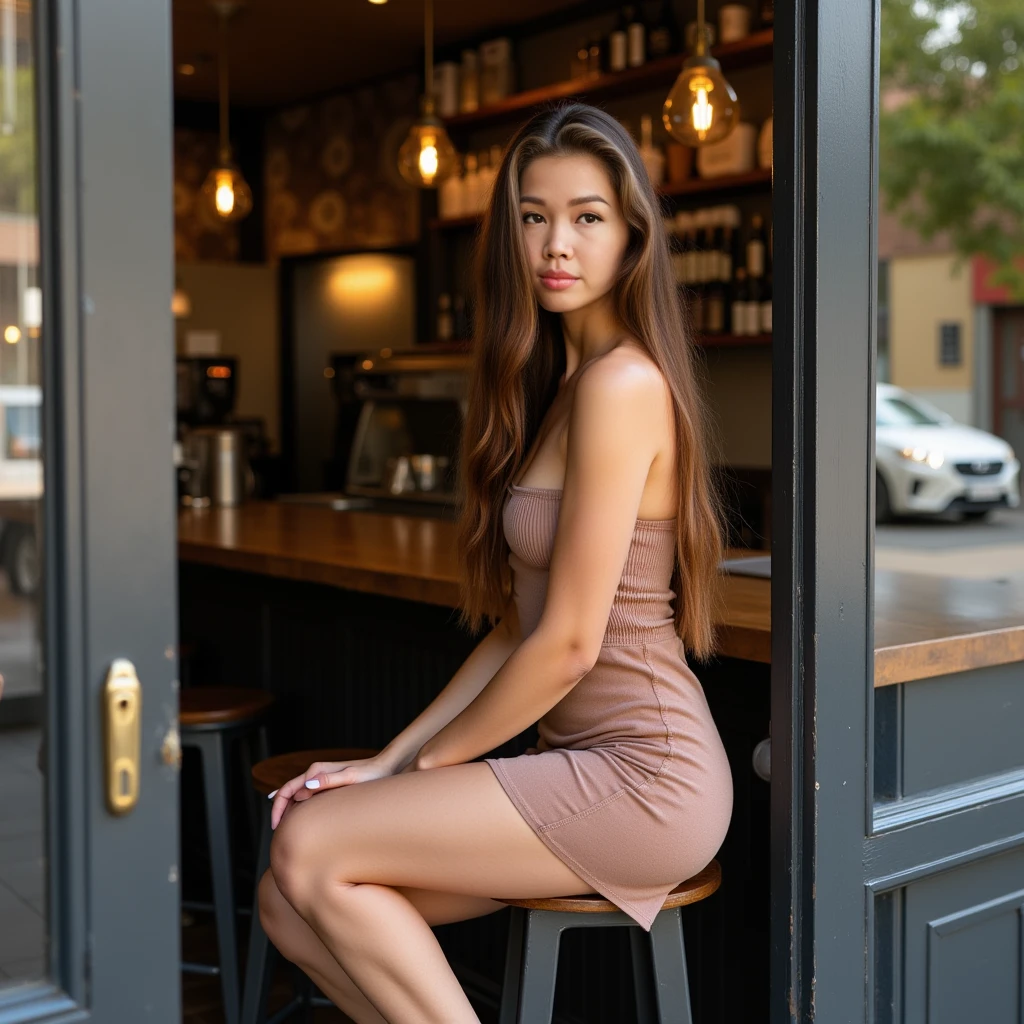 Shooting a picture from the outside, looking into a coffee shop, where a girl is sitting on a stool wearing a mini dress, her legs hanging down, her beautiful eyes piercing, looking at the camera, brown long hair, and a tube top with large breasts.